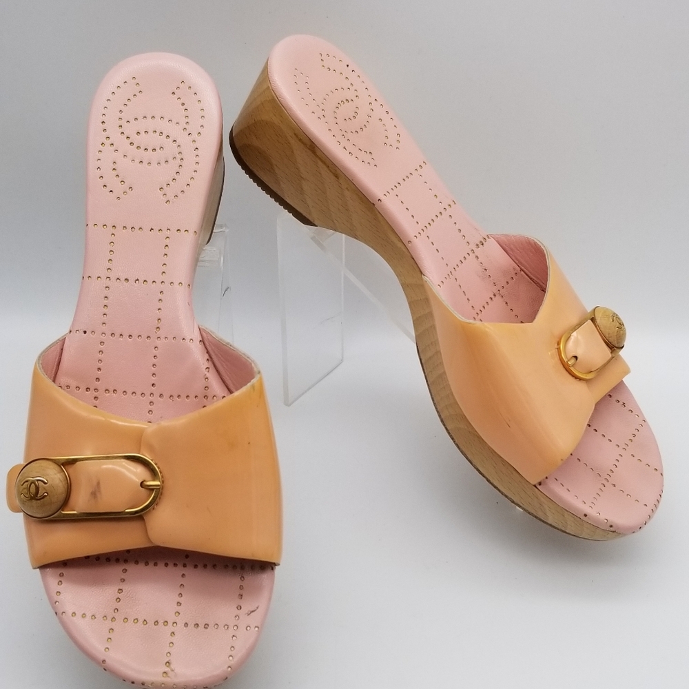 CHANEL Peach and Pink Mules with Gold Accent